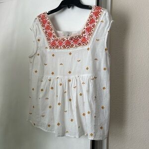 Lucky Brand White and Pink Embroidered Blouse